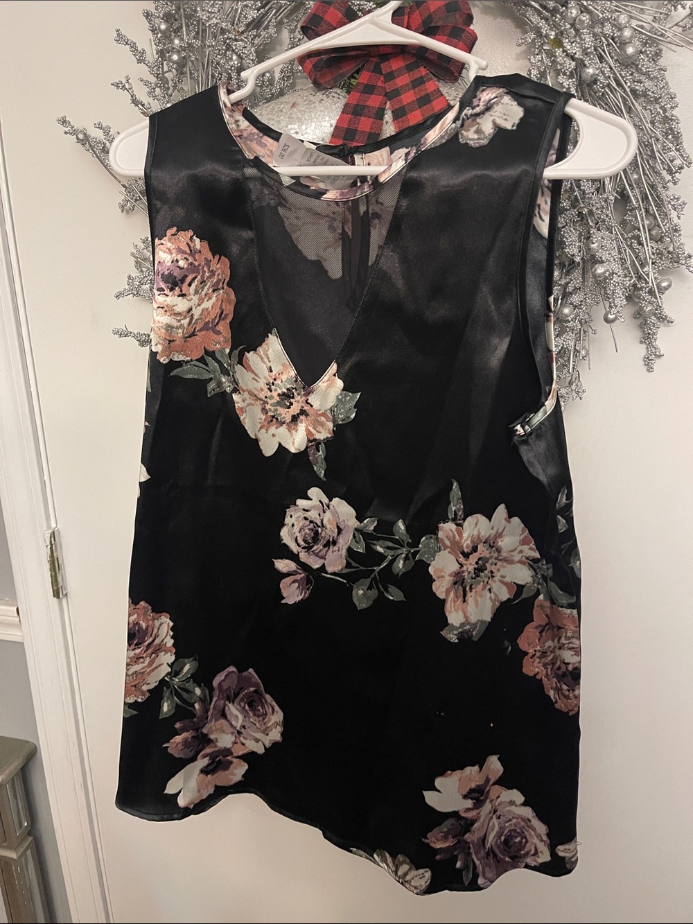 Black Floral Satin Sleeveless Top